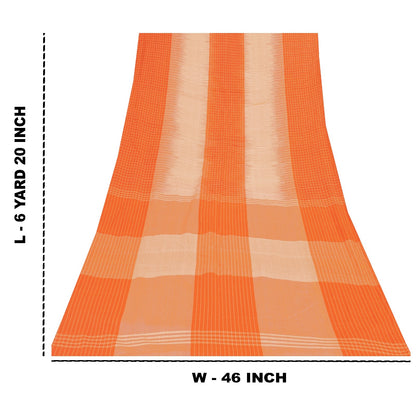 Sanskriti Vintage Sarees Orange & Peach Pure Cotton Check Lines Woven 6+yd Sari