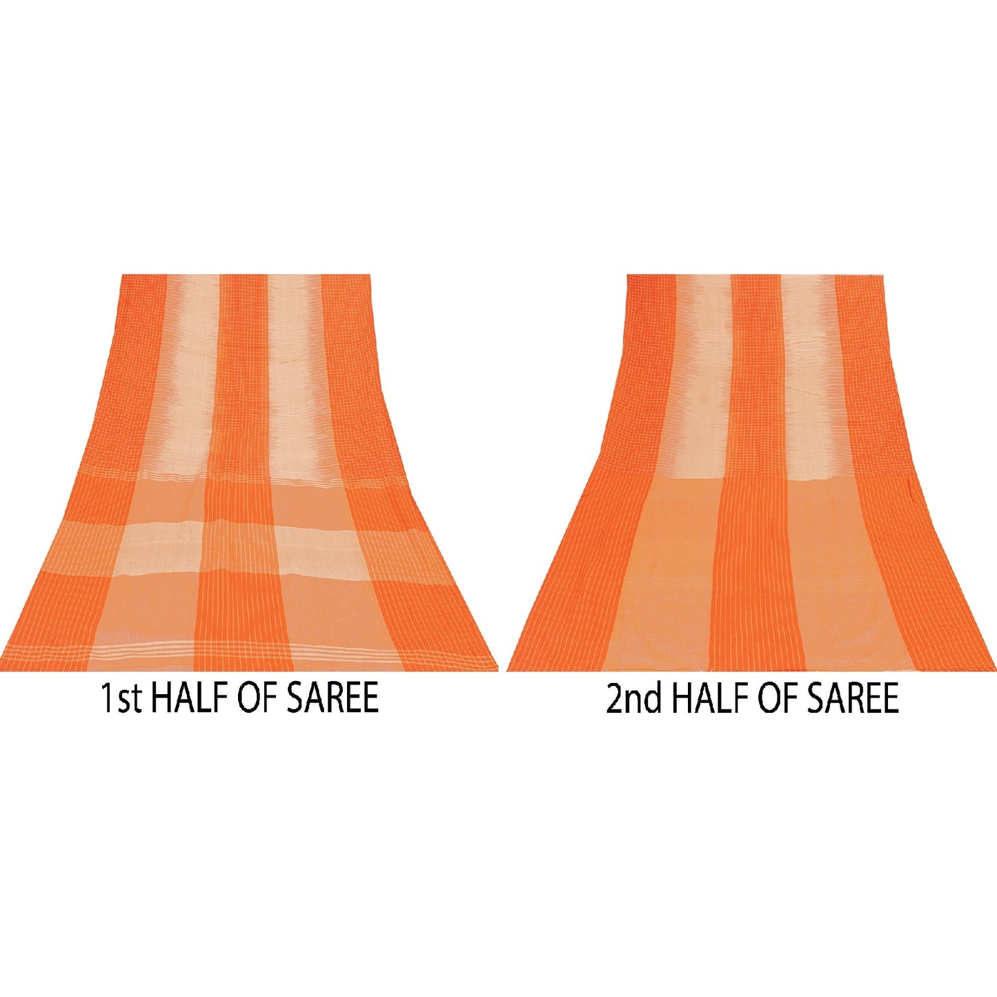 Sanskriti Vintage Sarees Orange & Peach Pure Cotton Check Lines Woven 6+yd Sari