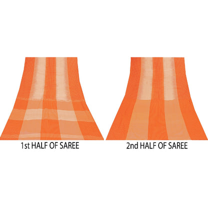 Sanskriti Vintage Sarees Orange & Peach Pure Cotton Check Lines Woven 6+yd Sari