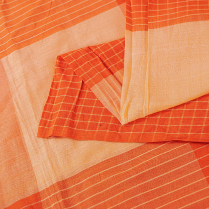 Sanskriti Vintage Sarees Orange & Peach Pure Cotton Check Lines Woven 6+yd Sari