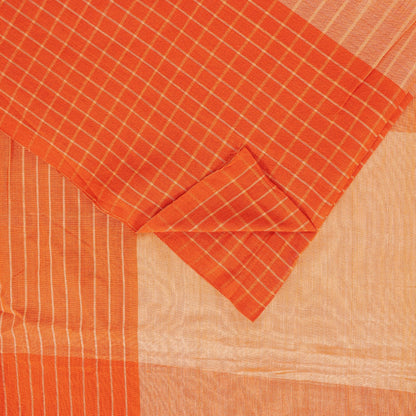 Sanskriti Vintage Sarees Orange & Peach Pure Cotton Check Lines Woven 6+yd Sari