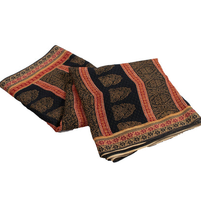 Sanskriti Vintage Sarees Black Pure Cotton Hand Block Floral Printed 5+yd Sari