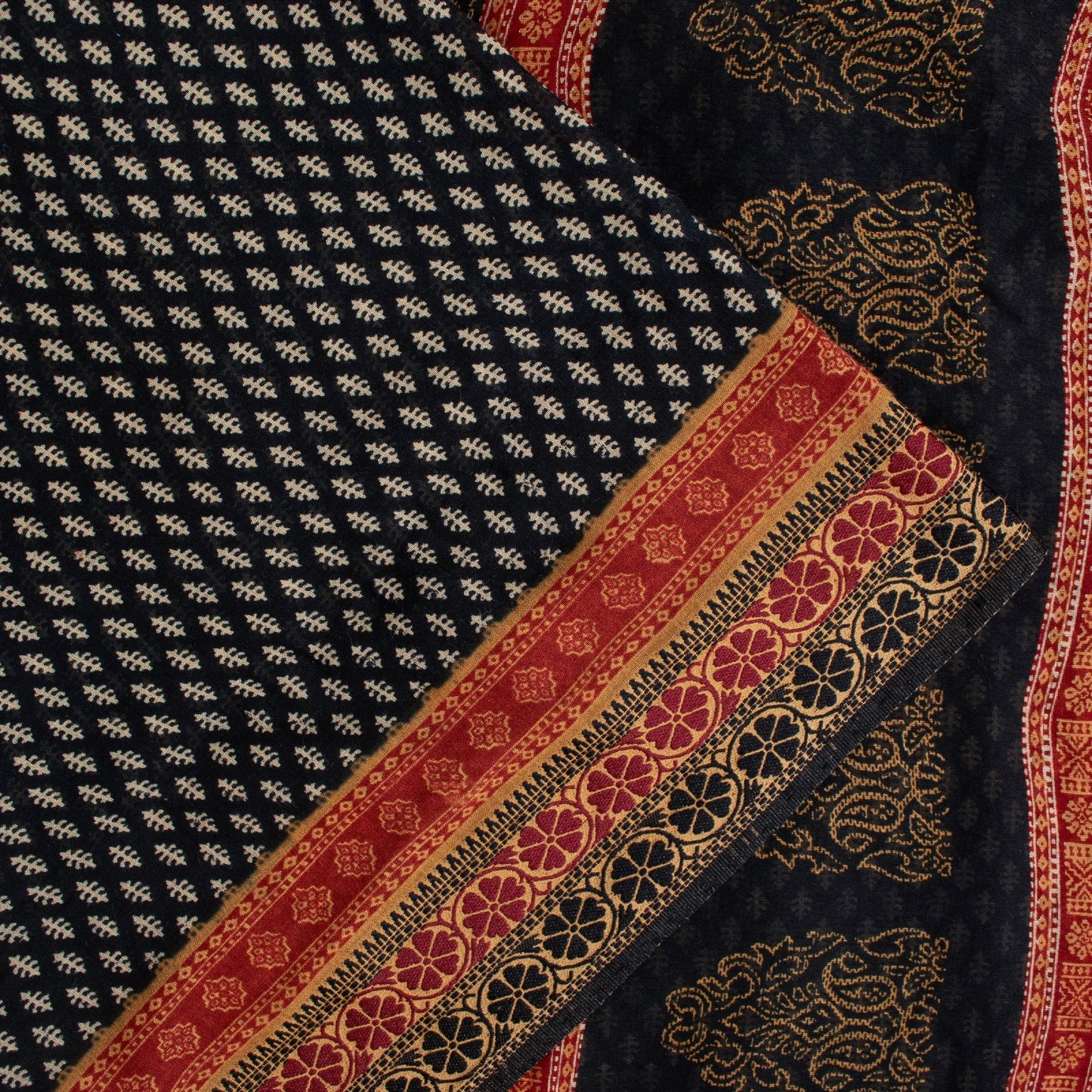 Sanskriti Vintage Sarees Black Pure Cotton Hand Block Floral Printed 5+yd Sari