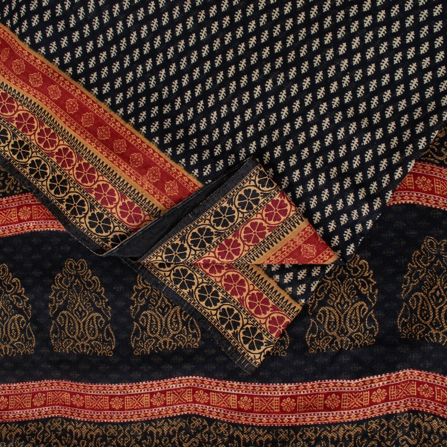 Sanskriti Vintage Sarees Black Pure Cotton Hand Block Floral Printed 5+yd Sari