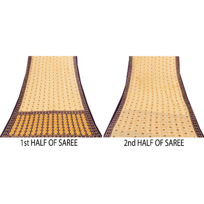 Sanskriti Vintage Sarees Pure Cotton Cream Floral Printed 8+yd Sari Craft Fabric