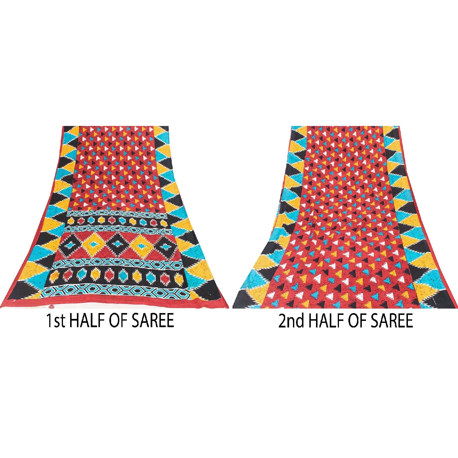 Sanskriti Vintage Saree Red 100% Pure Cotton 5+Yd Saree Geometric Print Sari Craft Fabric Create-Dresses, Kaftans, Skirts, Tops, Projects