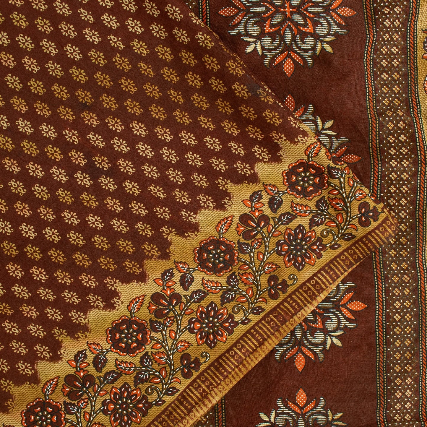 Sanskriti Vintage Sarees Brown Pure Cotton Floral Printed 5+yd Sari Craft Fabric