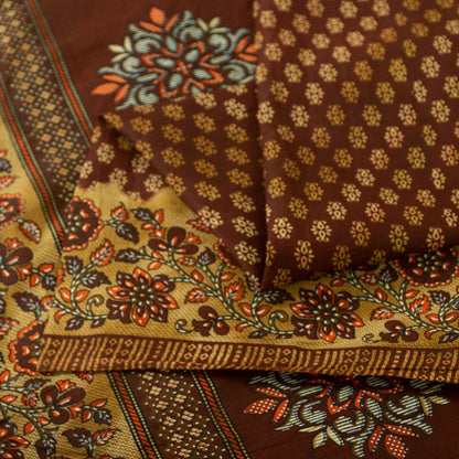 Sanskriti Vintage Sarees Brown Pure Cotton Floral Printed 5+yd Sari Craft Fabric