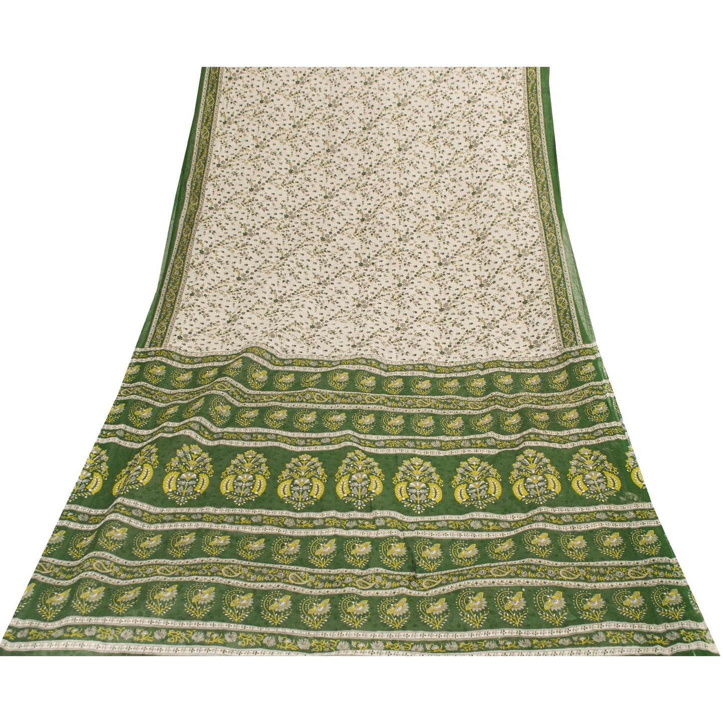 Sanskriti Vintage Sarees Ivory Pure Cotton Floral Printed 6+yd Sari Craft Fabric