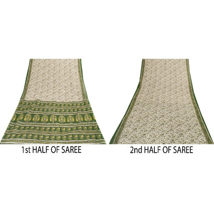 Sanskriti Vintage Sarees Ivory Pure Cotton Floral Printed 6+yd Sari Craft Fabric