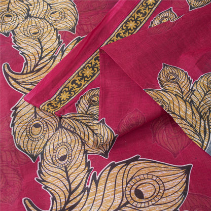 Sanskriti Vintage Sarees Blue & Red Pure Cotton Peacock Feather Print 5+yd Sari