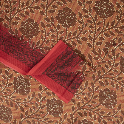 Sanskriti Vintage Sarees Brown 100% Pure Cotton Floral Kantha Printed 5+yd Sari