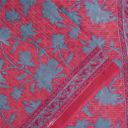 Sanskriti Vintage Sarees Red & Blue Pure Cotton Floral Print 5+yd Indian Sari
