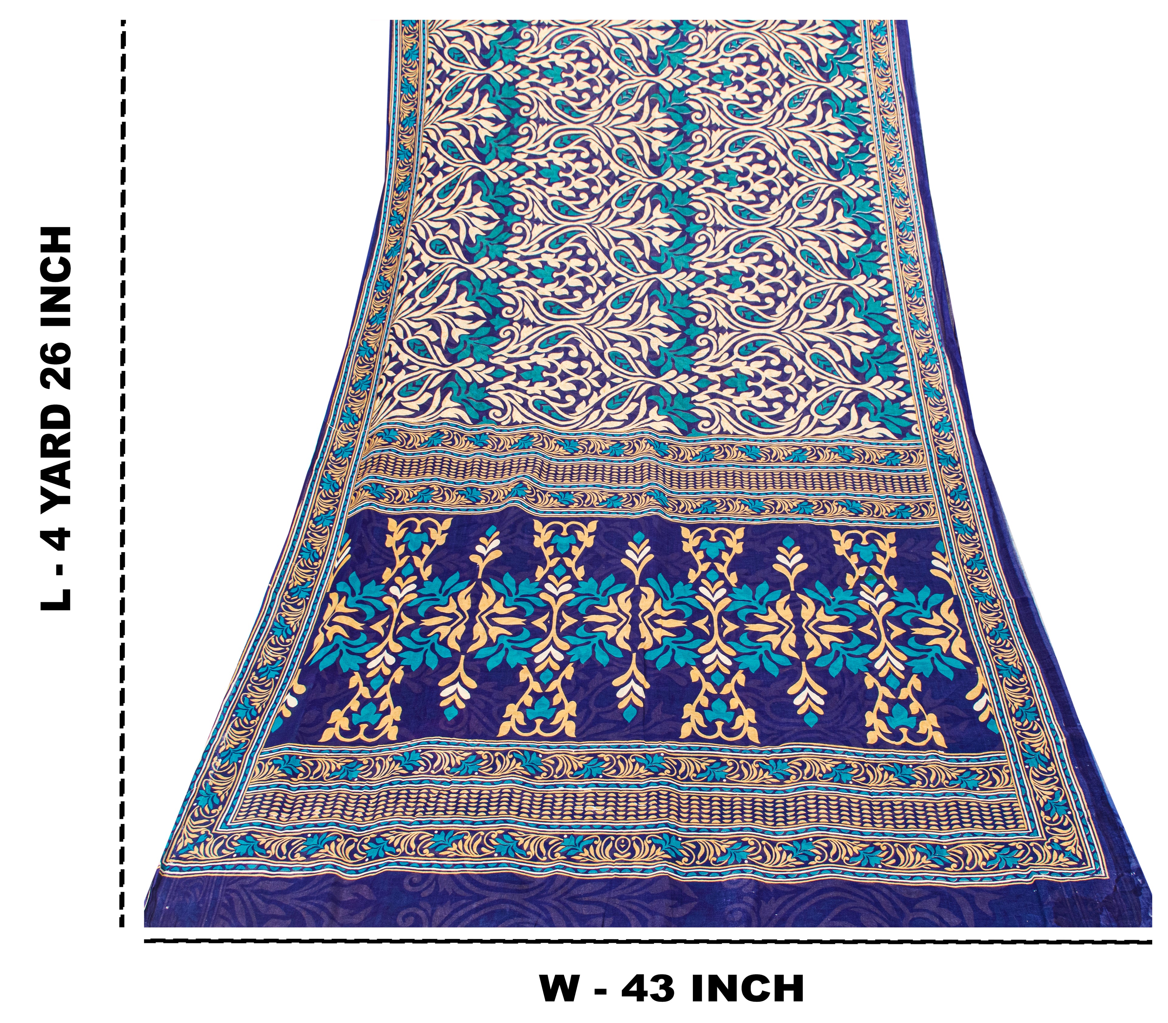 Sanskriti Vintage Saree Blue 100% Pure Cotton 4.5+Yard Saree Floral Printed Sustainable Fabric Sari Bohemian Meterial For Dressmaking