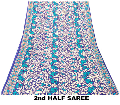 Sanskriti Vintage Sarees Blue Pure Cotton Floral Print Sustainable Fabric Sari