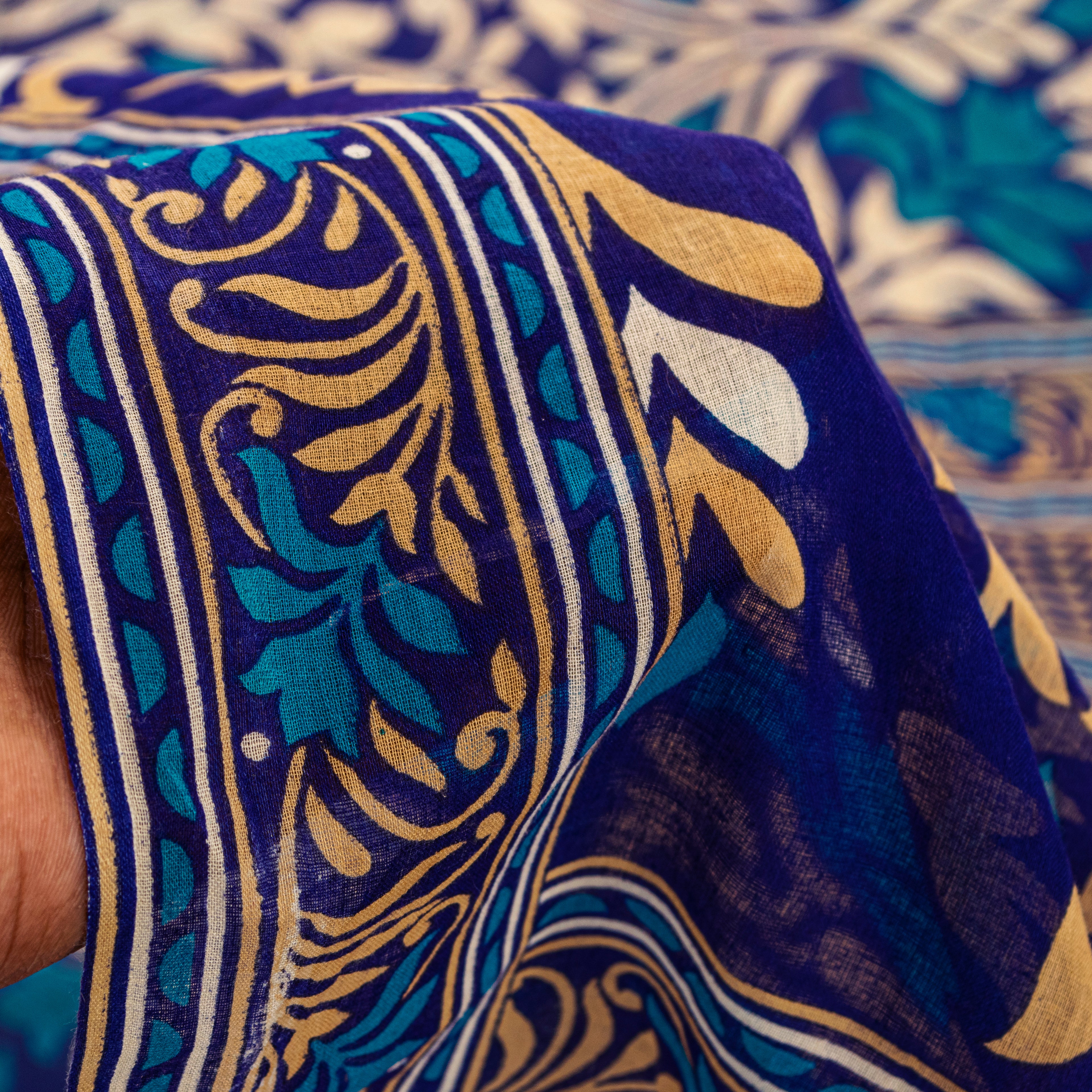 Sanskriti Vintage Saree Blue 100% Pure Cotton 4.5+Yard Saree Floral Printed Sustainable Fabric Sari Bohemian Meterial For Dressmaking