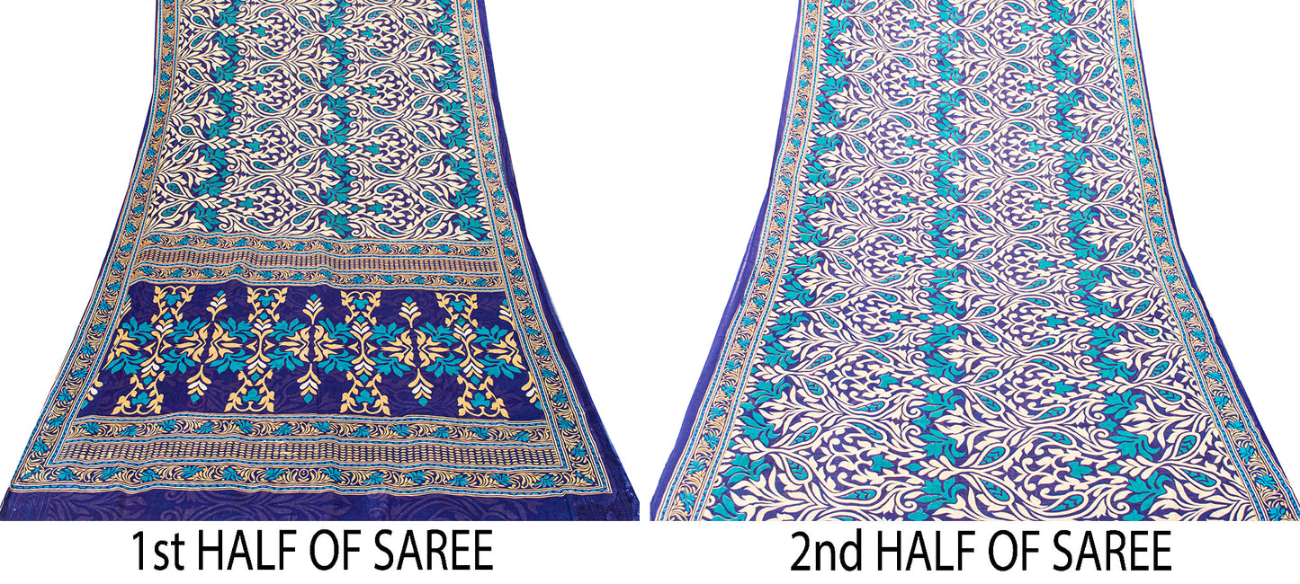 Sanskriti Vintage Sarees Blue Pure Cotton Floral Print Sustainable Fabric Sari