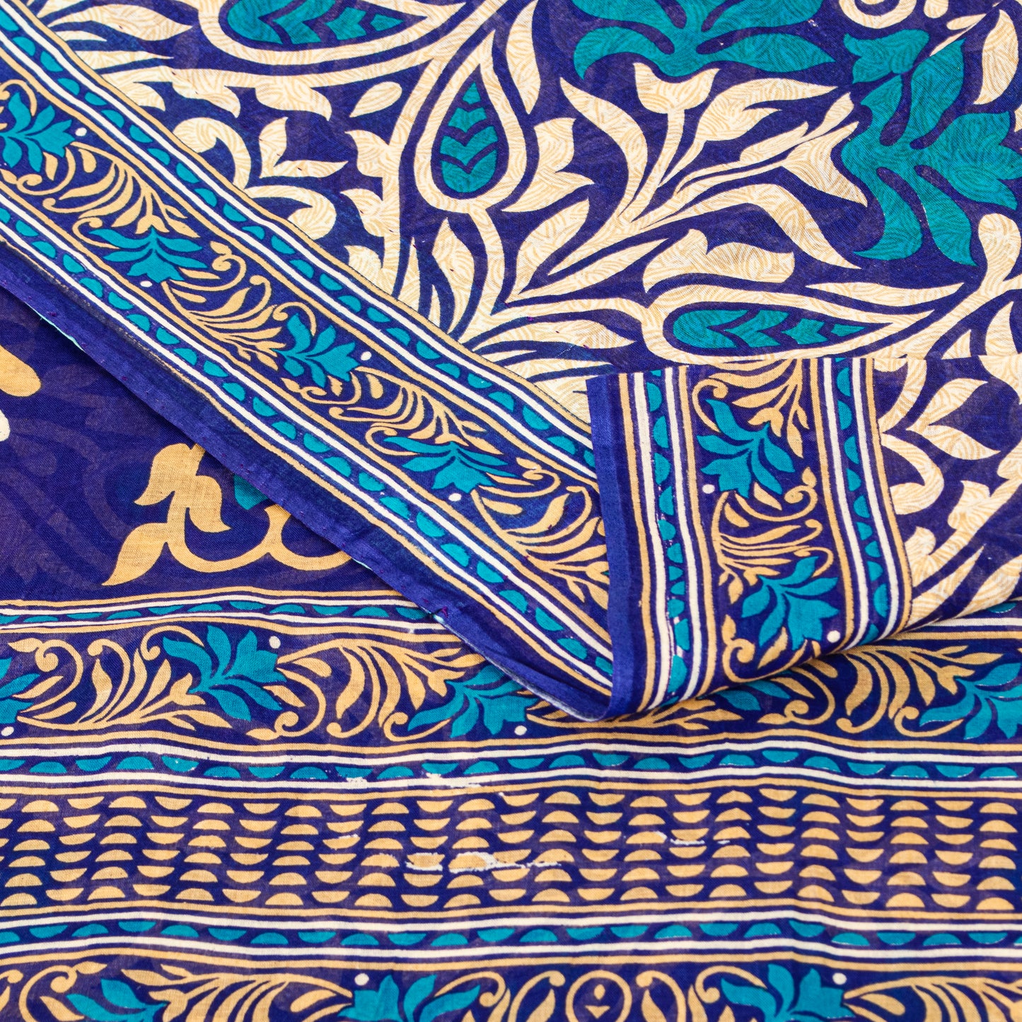 Sanskriti Vintage Sarees Blue Pure Cotton Floral Print Sustainable Fabric Sari