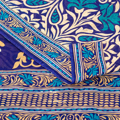 Sanskriti Vintage Sarees Blue Pure Cotton Floral Print Sustainable Fabric Sari