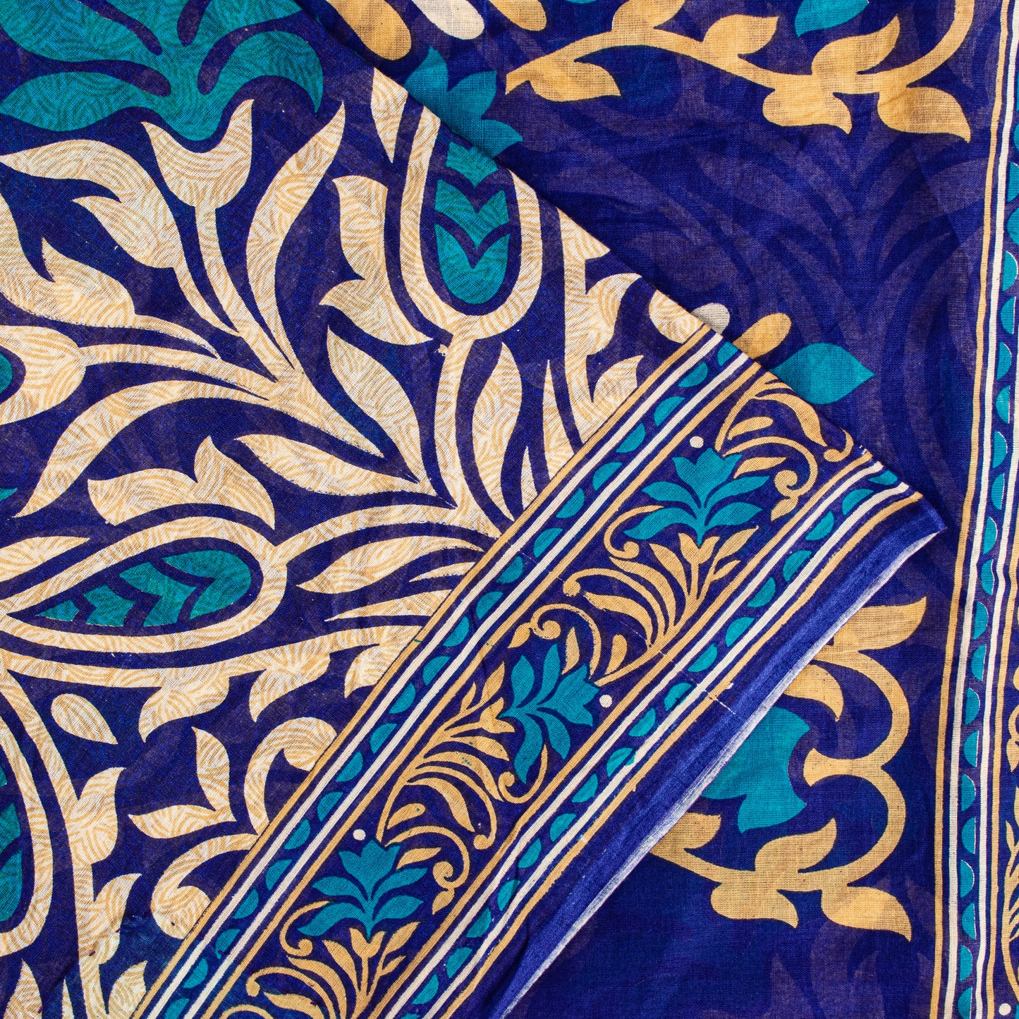 Sanskriti Vintage Sarees Blue Pure Cotton Floral Print Sustainable Fabric Sari