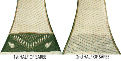 Sanskriti Vintage Saree Off-White-Green Pure Cotton Printed Sari 5.5+Yard Fabric