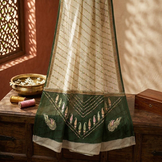 Sanskriti Vintage Saree Off-White-Green 100% Pure Cotton Printed Sari 5.5+Yard Craft Sewing Fabric
