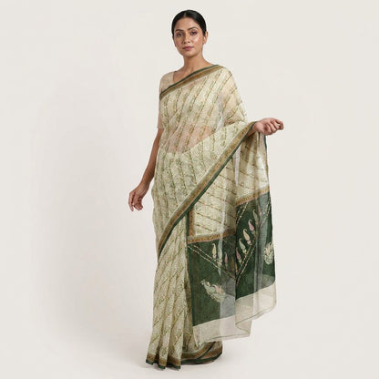 Sanskriti Vintage Saree Off-White-Green Pure Cotton Printed Sari 5.5+Yard Fabric