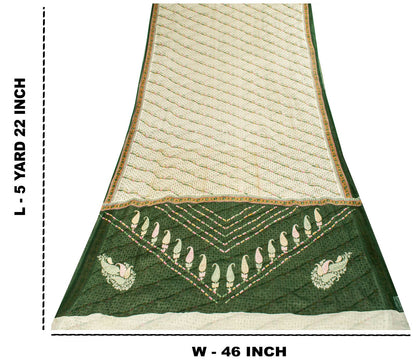 Sanskriti Vintage Saree Off-White-Green 100% Pure Cotton Printed Sari 5.5+Yard Craft Sewing Fabric
