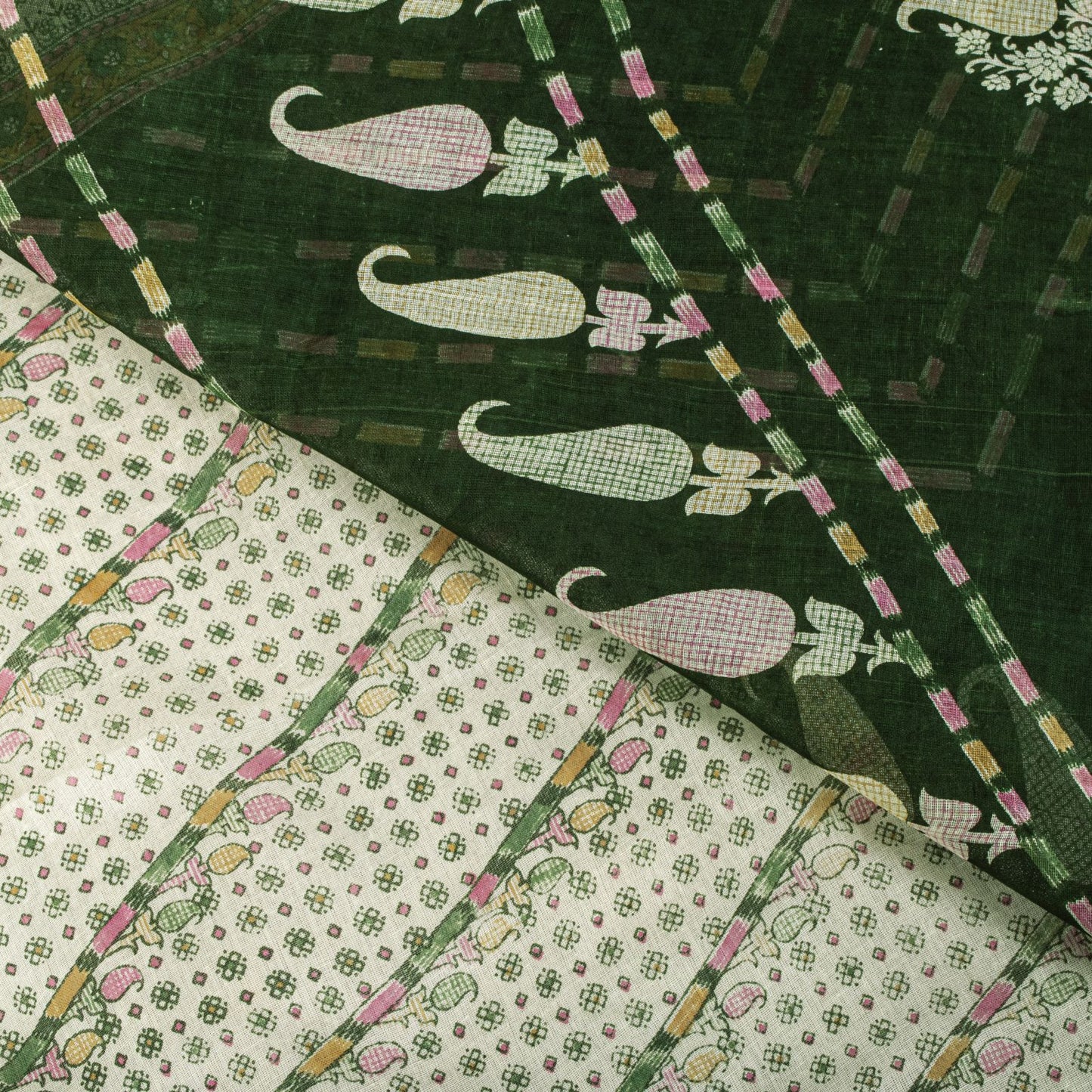 Sanskriti Vintage Saree Off-White-Green Pure Cotton Printed Sari 5.5+Yard Fabric