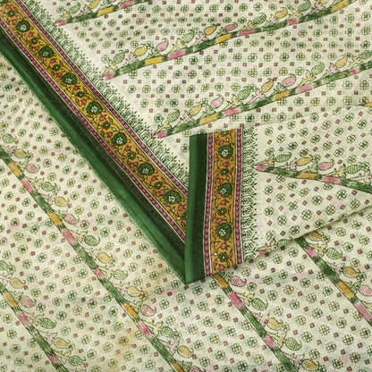 Sanskriti Vintage Saree Off-White-Green Pure Cotton Printed Sari 5.5+Yard Fabric