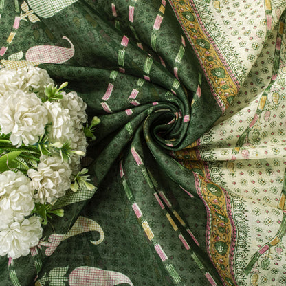 Sanskriti Vintage Saree Off-White-Green Pure Cotton Printed Sari 5.5+Yard Fabric
