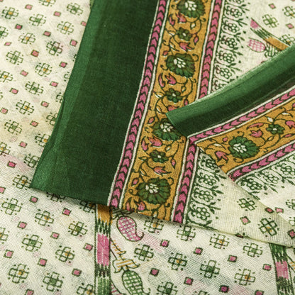 Sanskriti Vintage Saree Off-White-Green 100% Pure Cotton Printed Sari 5.5+Yard Craft Sewing Fabric
