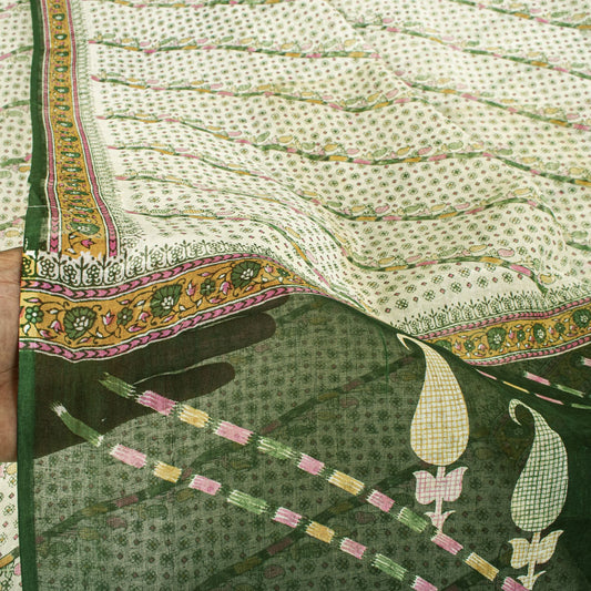 Sanskriti Vintage Saree Off-White-Green 100% Pure Cotton Printed Sari 5.5+Yard Craft Sewing Fabric