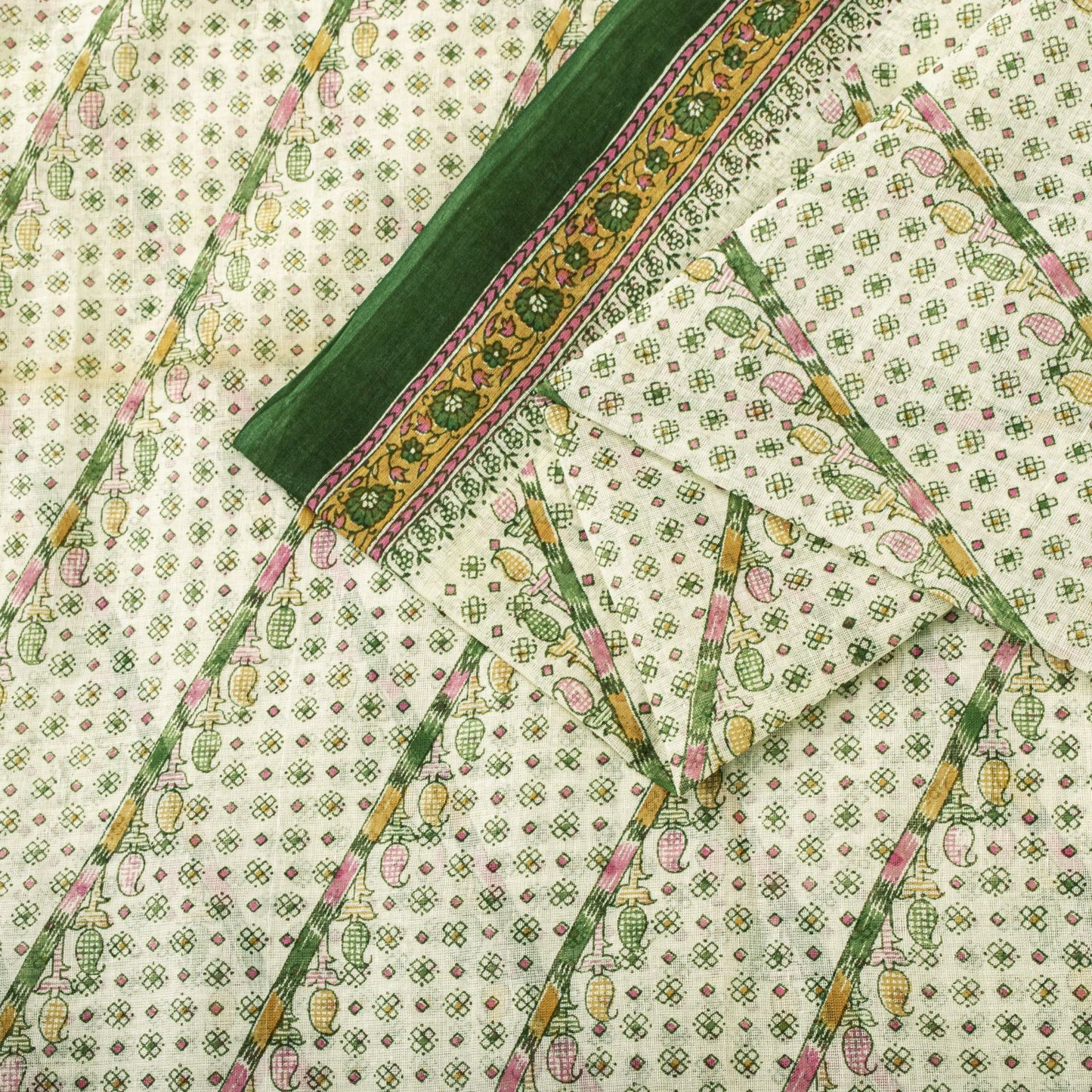 Sanskriti Vintage Saree Off-White-Green Pure Cotton Printed Sari 5.5+Yard Fabric