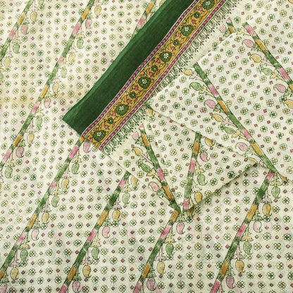 Sanskriti Vintage Saree Off-White-Green 100% Pure Cotton Printed Sari 5.5+Yard Craft Sewing Fabric