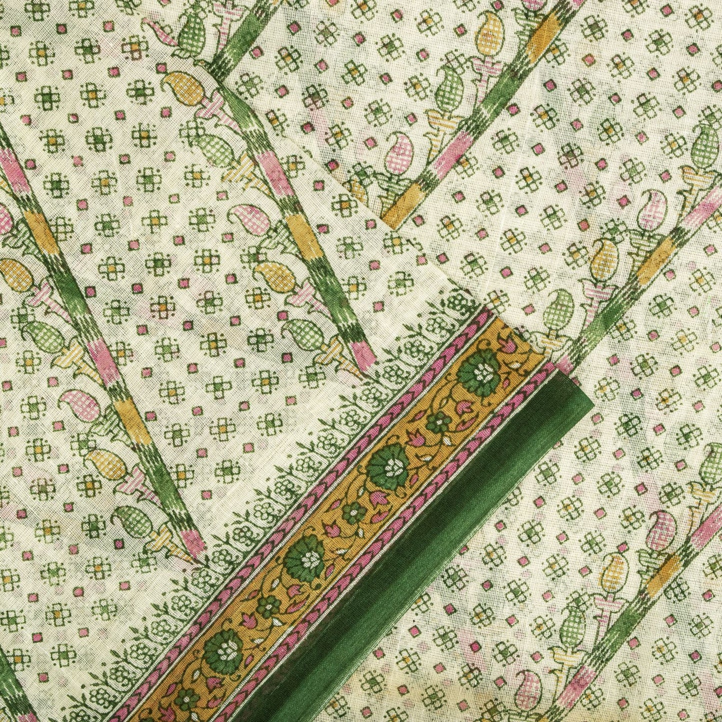 Sanskriti Vintage Saree Off-White-Green 100% Pure Cotton Printed Sari 5.5+Yard Craft Sewing Fabric