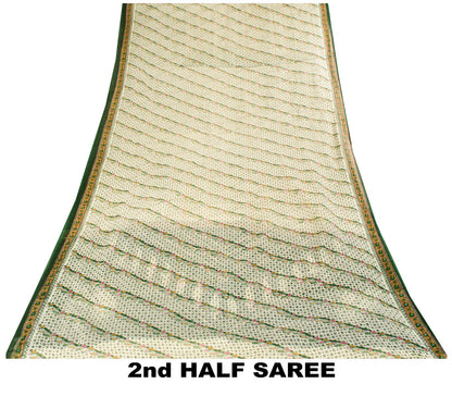 Sanskriti Vintage Saree Off-White-Green Pure Cotton Printed Sari 5.5+Yard Fabric
