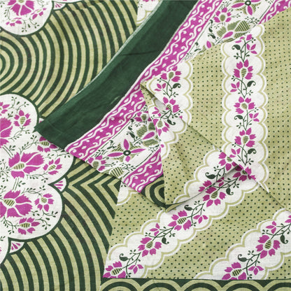 Sanskriti Vintage Sarees Green Pure Cotton FloralPrint 5+yd Sari Indian Material