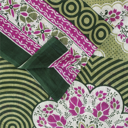 Sanskriti Vintage Sarees Green Pure Cotton FloralPrint 5+yd Sari Indian Material