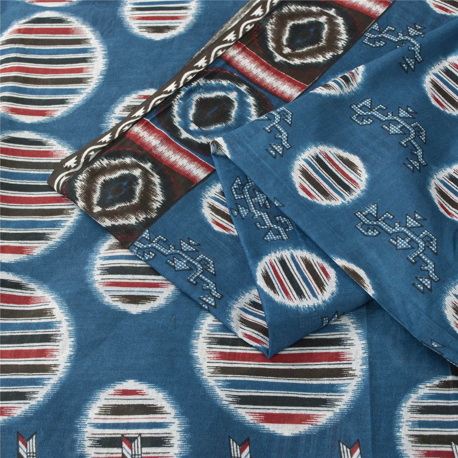 Sanskriti Vintage Saree Blue 100% Pure Cotton 5.5+Yd Saree Geometric Printed Quilting Felting ,Sewing Crafts Fabric Supplies Meterial