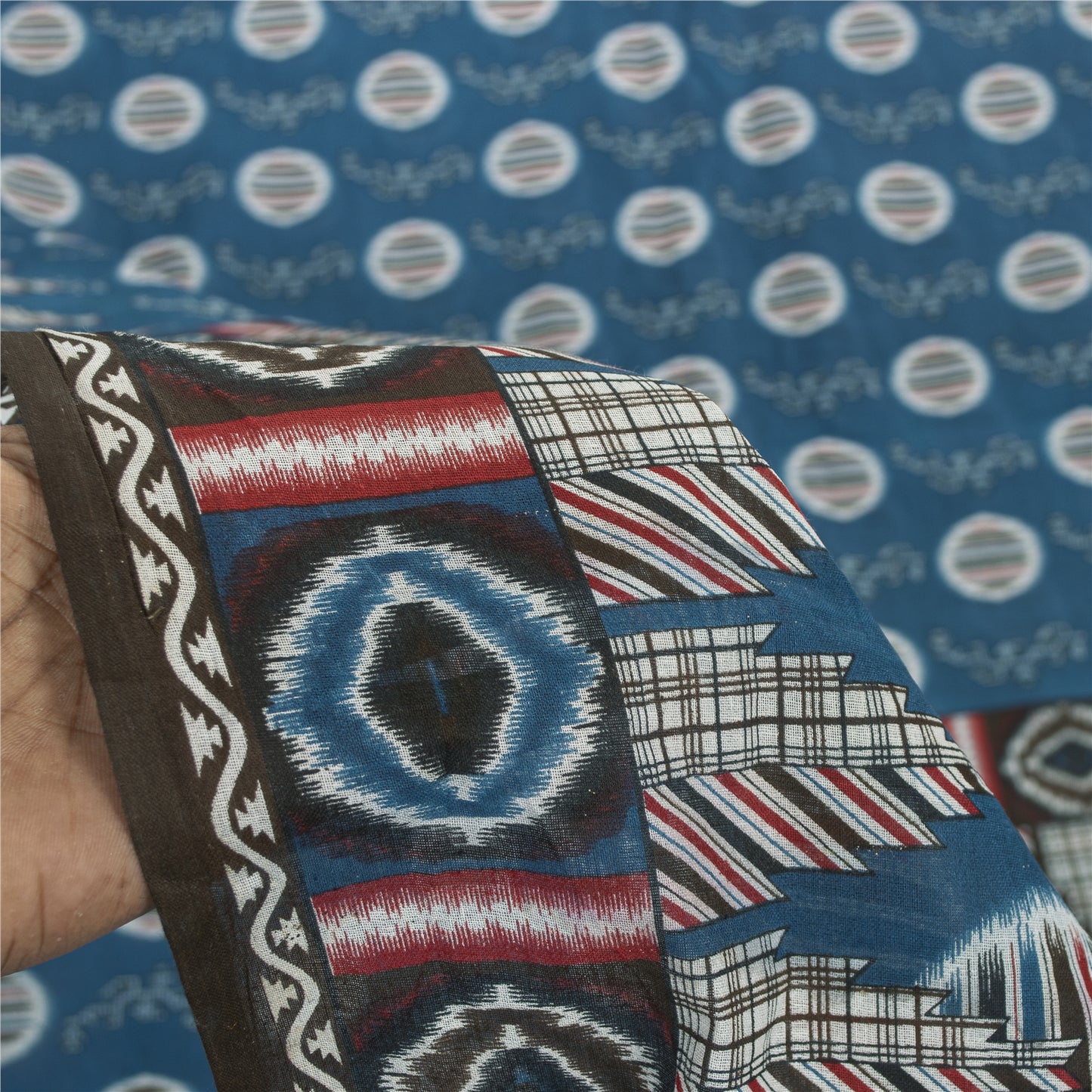 Sanskriti Vintage Sarees Blue Pure Cotton Geometric Print 5+yd Quilting Crafts