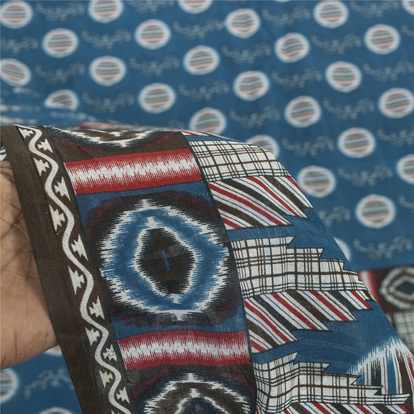 Sanskriti Vintage Saree Blue 100% Pure Cotton 5.5+Yd Saree Geometric Printed Quilting Felting ,Sewing Crafts Fabric Supplies Meterial