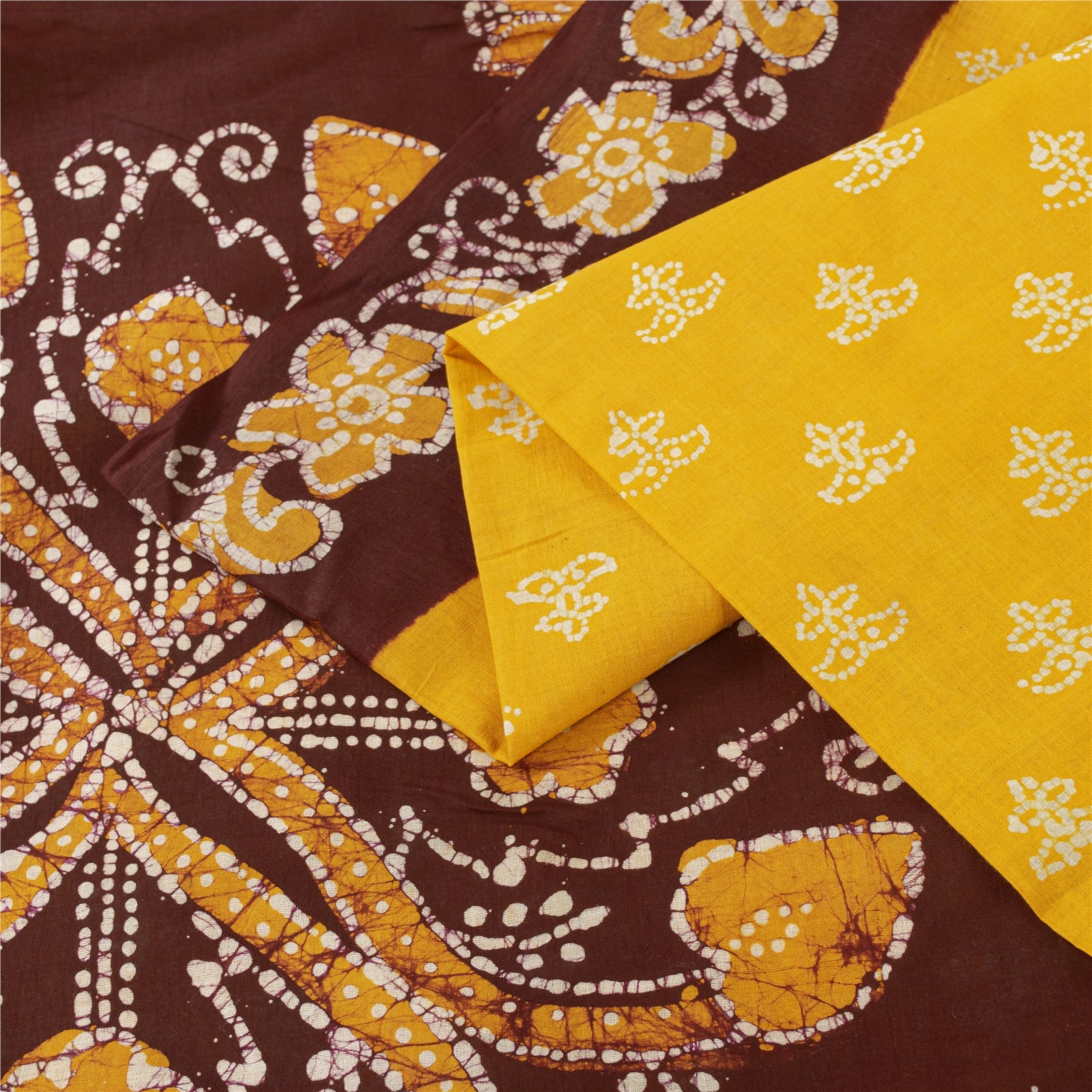 Sanskriti Vintage Saree Yellow & Brown 100% Pure Cotton 5.5+Yd Saree Batik Work Indian Heritage Textile Craft Fabric Supplies Sari