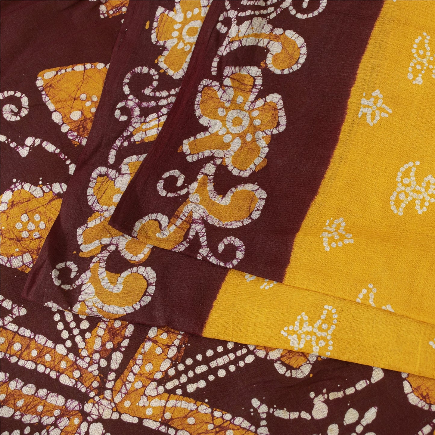 Sanskriti Vintage Sarees Yellow Pure Cotton BatikWork 5+yd Heritage Textile Sari