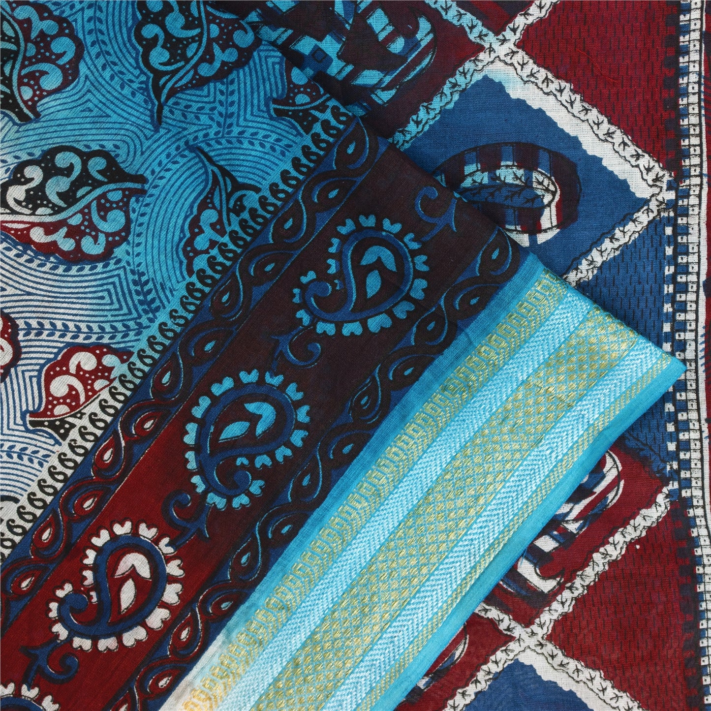 Sanskriti Vintage Sarees Blue & Ivory Pure Cotton Printed Sari 5+yd Craft Fabric