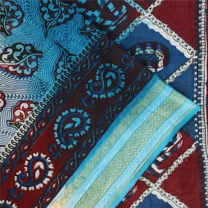 Sanskriti Vintage Sarees Blue & Ivory Pure Cotton Printed Sari 5+yd Craft Fabric
