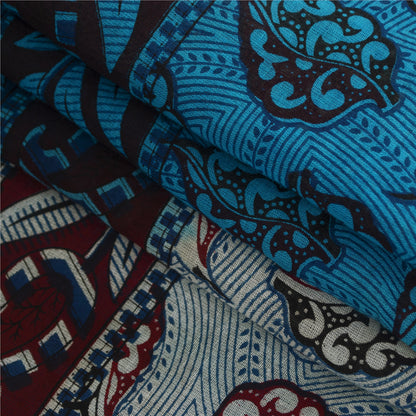 Sanskriti Vintage Sarees Blue & Ivory Pure Cotton Printed Sari 5+yd Craft Fabric