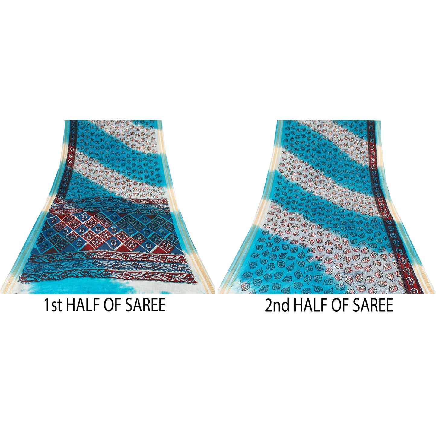 Sanskriti Vintage Sarees Blue & Ivory Pure Cotton Printed Sari 5+yd Craft Fabric