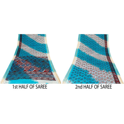 Sanskriti Vintage Sarees Blue & Ivory Pure Cotton Printed Sari 5+yd Craft Fabric