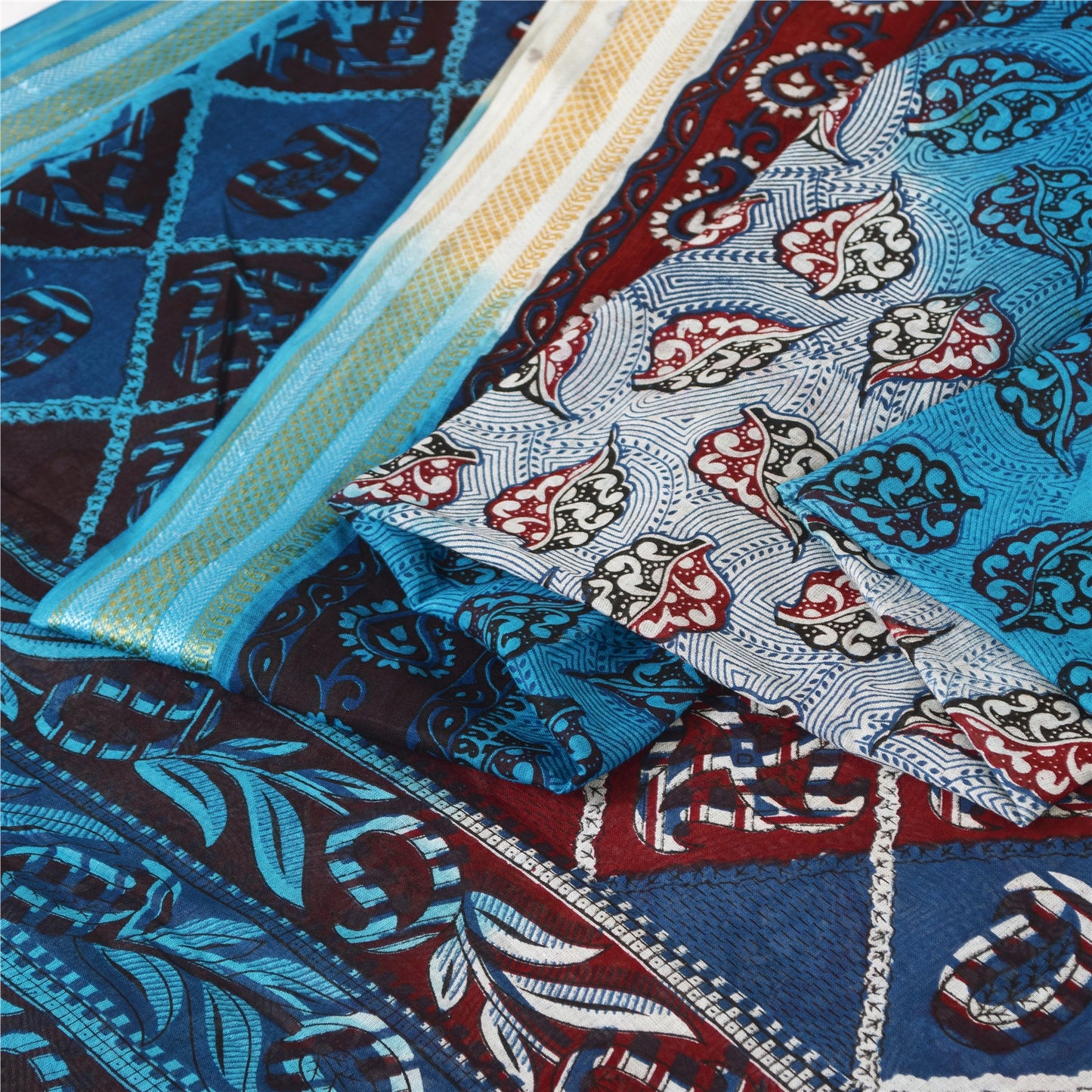 Sanskriti Vintage Sarees Blue & Ivory Pure Cotton Printed Sari 5+yd Craft Fabric